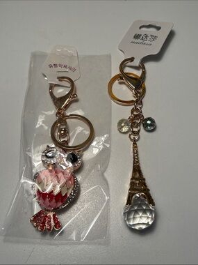 Unbranded Pink Crystal Owl Keychain and Eiffel Tower keychain
